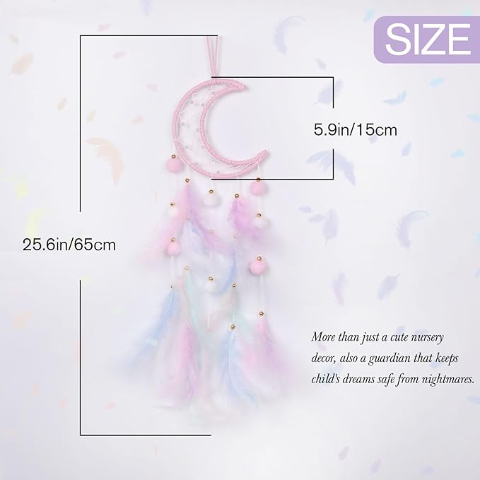 Pretty Jolly Pink Moon Kids Dream Catcher Wall Decor Pompom Feather Baby Dreamcatcher Handmade Children Dream Catcher Home Décor Wall Hanging for Nursery Bedroom Boys Girls Birthday Gift-25.6in