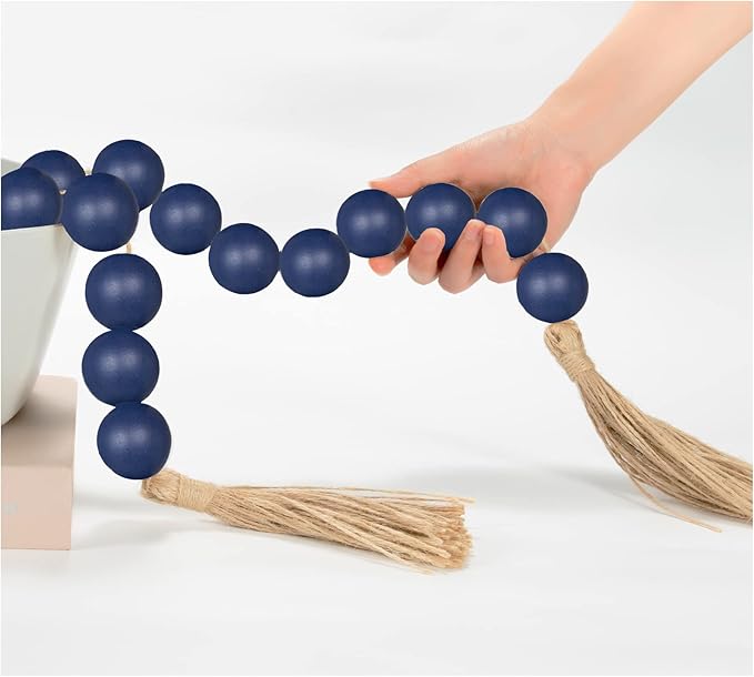 OMISHE 60" Long Extra Large Wood Bead Garland in Navy Blue with 1.6" Diameter Wooden Beads and Tassels, Rustic Farmhouse Country Decorative Beads for Home Decor, Navy Blue