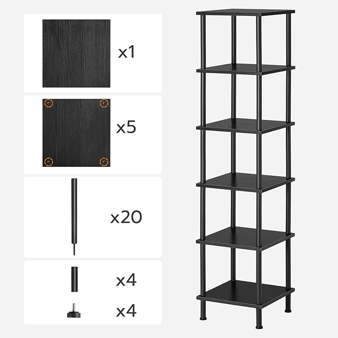 HOOBRO 6-Tier Corner Shelf, Corner Square Rack Display Shelf, Tall Storage Rack Plant Stand, Bookcase for Small Spaces, Living Room, Home Office, Kitchen, Black BK55CJ01