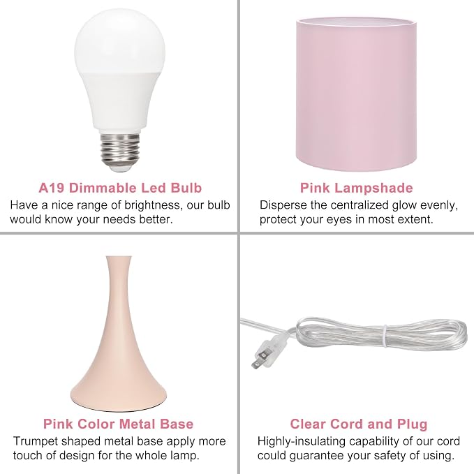 Seaside village Pink Touch Lamp, 3 Way Touch Control Desk Lamp, Bedside Dimmable Lamp Decorative Nightstand Lamp, Small Night Light for Girls, Living Room, Dorm, Home Office, 9W LED Bulb Included