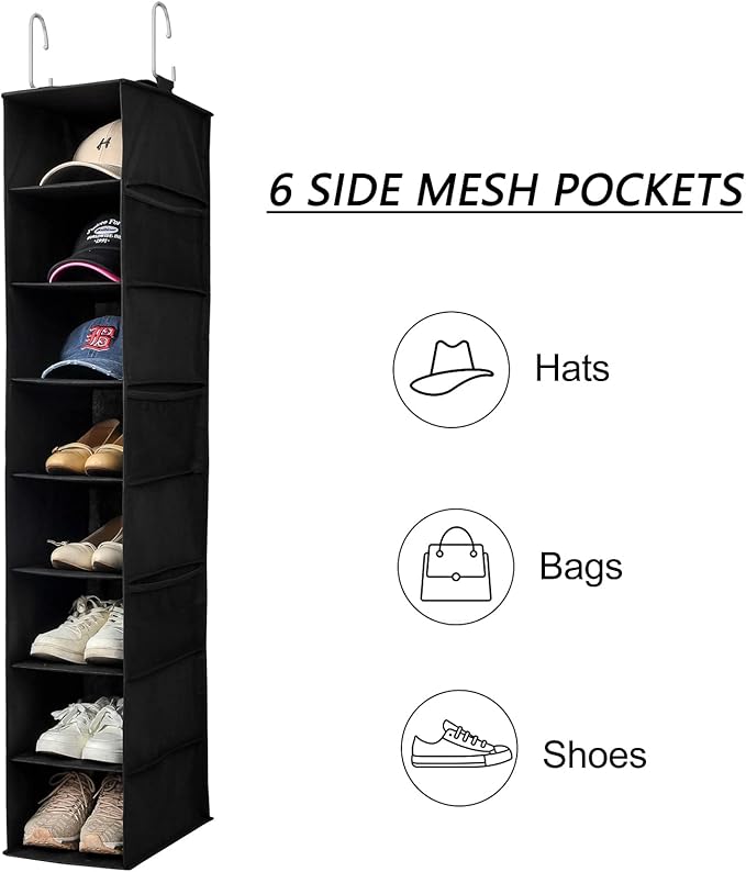 Hanging Shoe Organizer for Closet with Side Mesh Pockets，Hat Racks for Baseball Caps，Shoe and Hat Holder & Storage，8-Shelf，Black，1 Pack