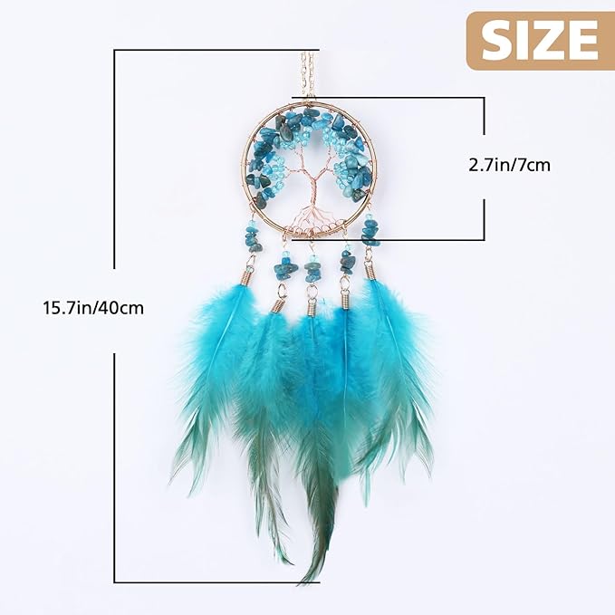 Pretty Jolly Small Tree of Life Crystal Stone Dream Catchers Blue Feathers Mini Dreamcatchers for Cars Rear View Mirror Hanging Decoration Good Luck Travel Charm Bedroom Ornaments for Women Girls