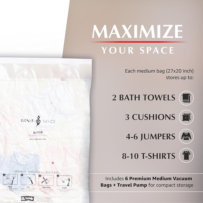 GENIE SPACE Premium Vacuum Storage Bags for Clothes, Bedding and Travel, Medium Size 27x20 Inches, Airtight, Odor-Proof and Reusable Space Saver Bags with Double Zipper Seal, 6-Pack with Hand Pump