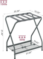 Set of 2 Luggage Rack with Storage Shelf, Foldable Suitcase Stand, Heavy Duty Metal Luggage Holder for Guest Room, Bedroom, Hotel, 150 lbs Top Capacity, 50 lbs Bottom Shelf LR-GY-2