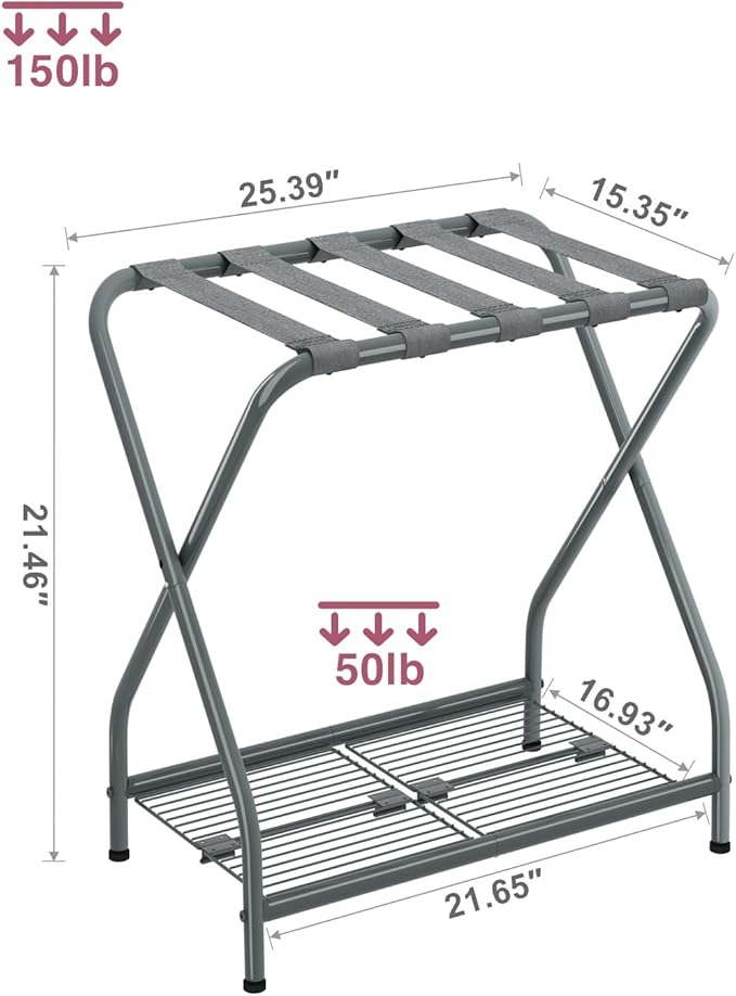 Set of 2 Luggage Rack with Storage Shelf, Foldable Suitcase Stand, Heavy Duty Metal Luggage Holder for Guest Room, Bedroom, Hotel, 150 lbs Top Capacity, 50 lbs Bottom Shelf LR-GY-2