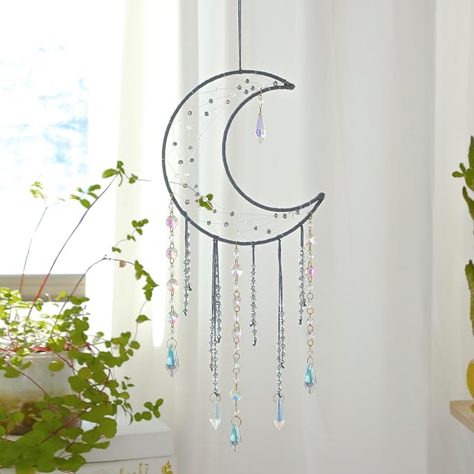 Artilady Dream Catchers with Crystals - Large Grey Boho Moon Dream Catcher Wall Decor House Decorations for Home Girls Kids Baby Bedroom Room Decor Christmas Birthday Teen Girl Boys Gifts