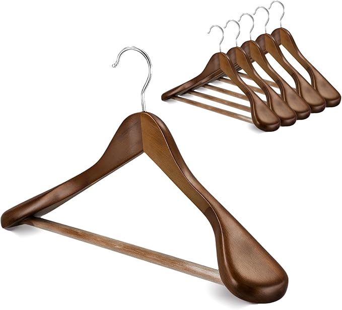 Premium Wooden Hangers 6-Pack – Wide Shoulder Non-Slip Design for Coats, Jackets & Suits | 360° Rotating Closet Organizers | Durable & Space-Saving (Vintage Wood)