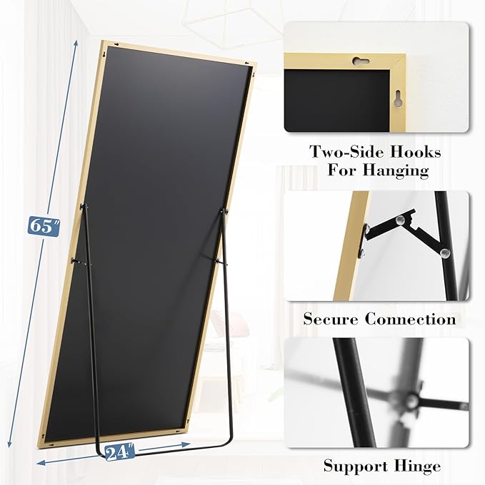DUMOS 24"x65" Full Length Mirror with Stand, Floor Standing Aluminum Frame, Shatter-Proof Nano Glass for Bedroom, Living Room, Cloakroom – Modern Simple Home Decor,Can Be Hanging or Leaning, Gold