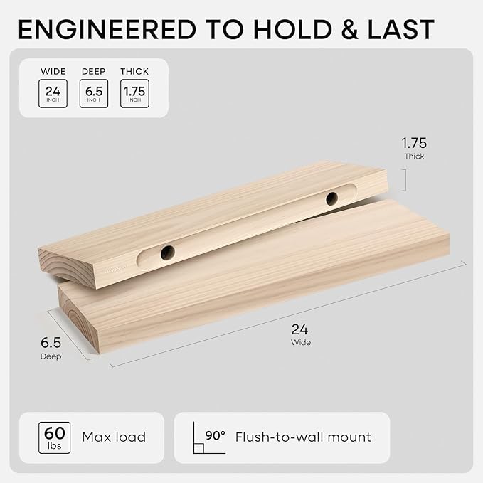 Homeforia 24 inch Wood Floating Shelves, High End Solid Natural Wood 24inch Floating Shelf for Wall, Unfinished Wooden 24 inches Floating Shelves, Heavy Duty Bracket, 24 X 6.5 X 1.75 in, Set of 3