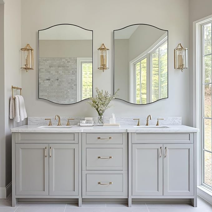 ANDY STAR Brushed Nickel Mirror, 24"x36" Silver Scalloped Wall Mirror for Bathroom, Curved Edge Design with SUS304 Stainless Steel Metal Frame, Ideal for Bathroom, Bedroom, Entryway