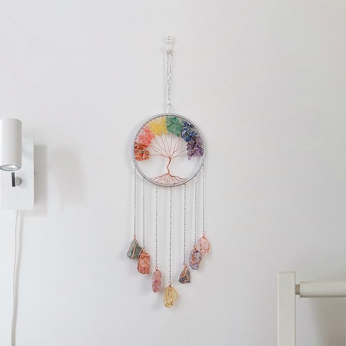 Tree of Life Dream Catchers with Crystal 7 Chakra Gemstone Dream Catchers Color Natural Gem Raw Stone Wall Hangings Room Garden Dreamcatchers Decor(Silver)