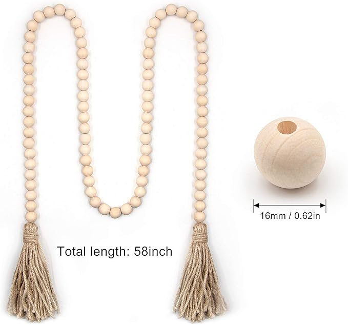 LSKYTOP 60 Inches Wood Bead Garland,Wooden Beads with Tassels,Farmhouse Beads Rustic Prayer Beads Boho Beads for Farmhouse Tiered Tray Coffee Table Mantel Decor (1 Pack)