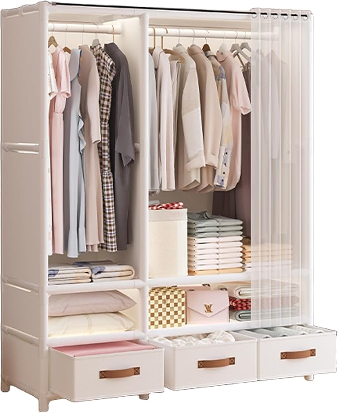 Portable Closet,Portable Closets for Hanging Clothes,Japanese Style Wardrobe Clothing Rack with 3 Drawers,1 Hanging Rods and 2 Storage Shelves,43.3" L x 17.7" W x 65.1" H,White
