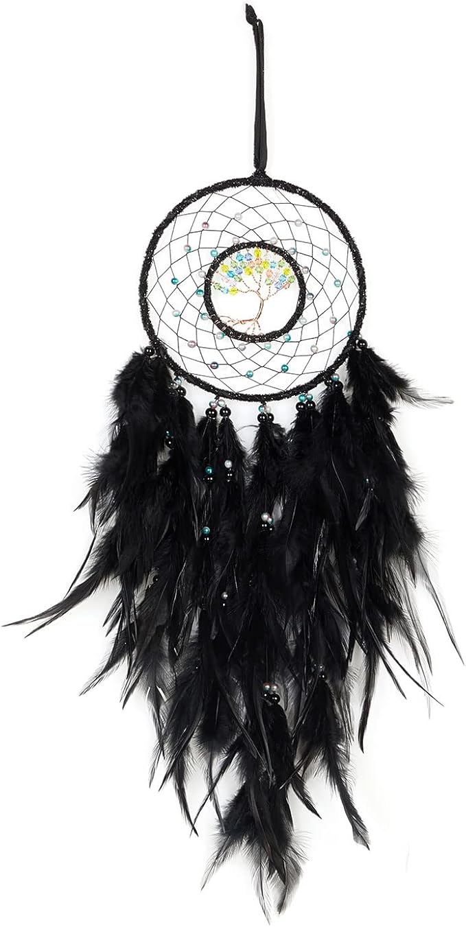 Dreamlike Black Tree of Life Dream Catcher Wall Decor with Healing Crystal Stone Handmade Feather Dream Catchers Decoration Wall Hanging for Girls Bedroom Living Room Wedding Party Home Décor