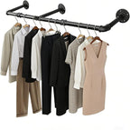 50 INCH Clothes Rack Wall Mounted, Industrial Pipe Garment Rack, Multi-Purpose Clothing Rod for Closet, Laundry Room, Retail Display, Black