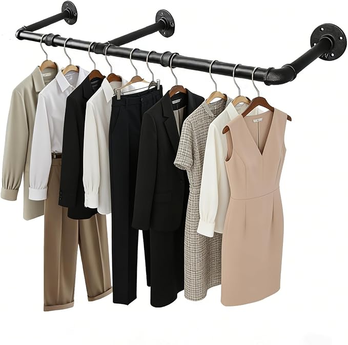 50 INCH Clothes Rack Wall Mounted, Industrial Pipe Garment Rack, Multi-Purpose Clothing Rod for Closet, Laundry Room, Retail Display, Black
