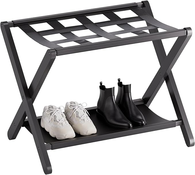 HITNET Luggage Rack for Guest Room, Suitcase Stand Folding Bedroom, Bamboo Hotel Luggage Holder with Fabric Storage Shelf and Nylon Straps, Black