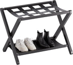 HITNET Luggage Rack for Guest Room, Suitcase Stand Folding Bedroom, Bamboo Hotel Luggage Holder with Fabric Storage Shelf and Nylon Straps, Black