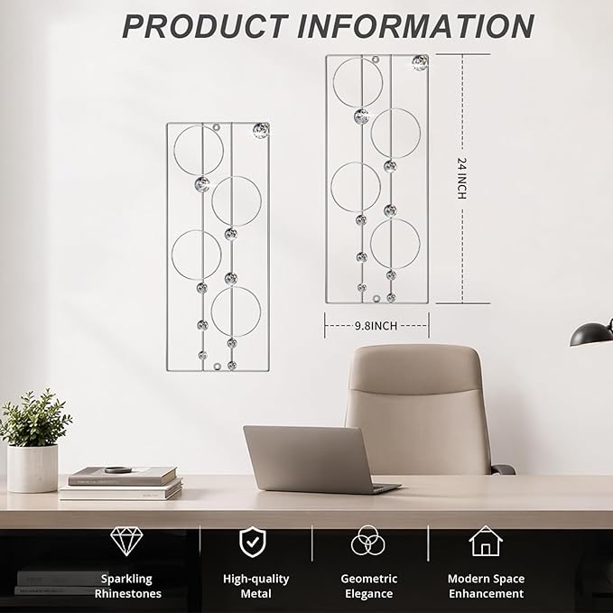 ZEXUIRU 2 Pcs. Abstract Metal Art for Wall Decor Living Room Bedroom Bathroom Office Metal Bling Modern Geometric Hanging Vertical Small Iron Sculpture Plaque Pack -Silver 24in
