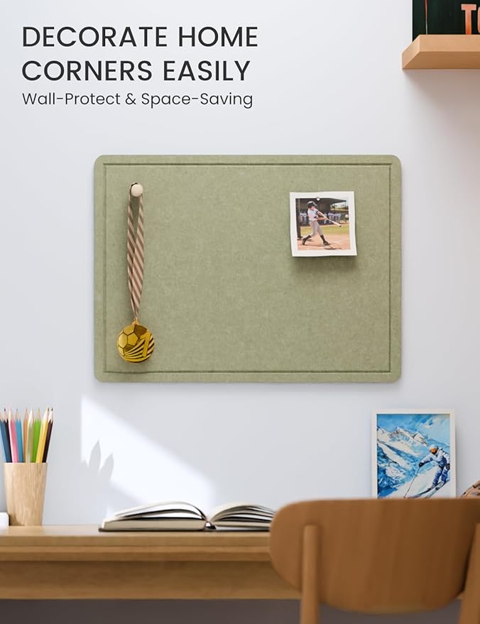 Fluxynara Bulletin Board, 23.6" x 17.5" Cork Board Alternative with 12 Safe Removable Adhesive Tabs, Foldable Felt Pin Board for Home Office, Classroom, Bedroom,Entryway for Walls—Sage