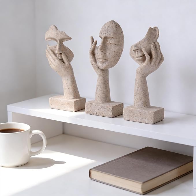 3 Pcs Thinker Small Statue Set - Art Resin Abstract Home Accent Figurines for Decor Woman Apartment Bookshelf Floating Shelf Coffee Table Office Desk Counter Decor (3 Pcs Sandstone, 6")