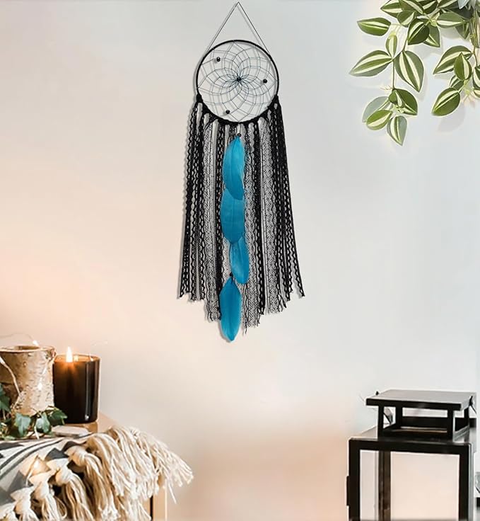 5 Pack Black Teal Dream Catchers Wall Decor Moon and Sun Feather Handmade Traditional Dreamcatchers Large Boho Macrame Wall Hanging for Bedroom Adult Native American Decor Bohemian Decorations