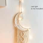 Boho Macrame Woven Wall Hanging, Crochet Crescent Moon Star Dream Catcher with Long Tassel- White Cotton Handmade Bohemian Home Decor Decoration Art Craft for Kids Bedroom Dorm Room