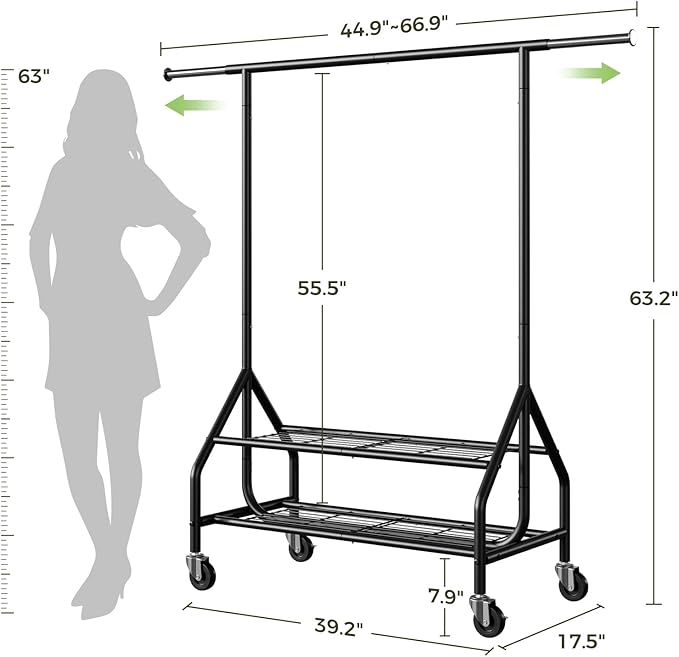 Clothes Rack with 2 Shelves, Heavy Duty Garment Rack Load 450 LBS, Standing Rolling Metal Hanging Clothes with Sturdy Wheels & Shelves