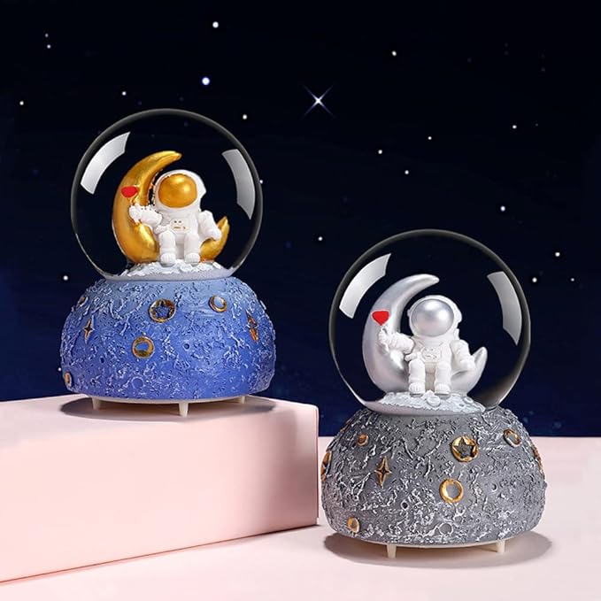Astronaut Snow Globe Music Box, 80MM Musical Glitter Snow Globe with Color Changing LED Lights, Home Decor Birthday Gifts for Men Women Boys and Girls (Silver)