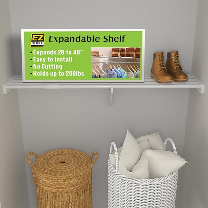 EZ Shelf - DIY Expandable Closet Shelf (NO Hanging Rod) - 28” to 48” - White - Easy to Install to 2 Sidewalls - (EZS-SW48) - Wire Closet Shelving Alternative