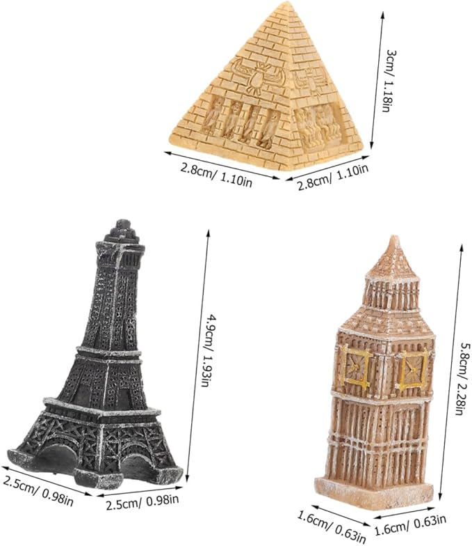 Milisten 3pcs Miniature Architectural Model Set Pyramid Statue Eiffel Tower Clock Tower Figurines Scene Accessories for Home Décor and Collectible Display