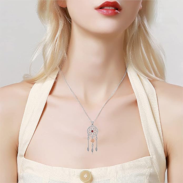Dream Catcher Pendant Necklace 925 Sterling Silver Synthetic Moonstone Crystal Sunflower Rose Flower Evil Eye Dreamcatcher Cremation Jewelry Gifts for Women Wife Mom