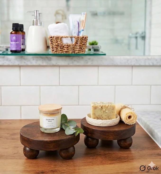 Housewarming Gifts Set of 2 Wood Display Stand Home Decor Display Risers Round Pedestal Bathroom Accessory Holder Plant Holder Table Top Kitchen Multi Purpose Organiser Set (Burnt)