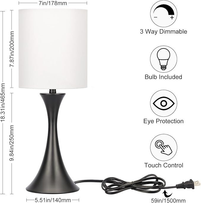 Seaside village 3 Way Touch Control Table Lamp, Modern Bedside Lamp for Bedroom, Dimmable Black Nightstand Lamp White Shade Desk Reading Light for Living Room Office Dorm, 3000K LED Bulb Included