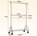 Heavy Duty Clothes Rack, Double Rod Clothing Rack for Hanging Clothes, Rolling Garment Rack, Adjustable Freestanding Wardrobe Closet Coat Rack for Bedroom Laundry Living Room, Silver
