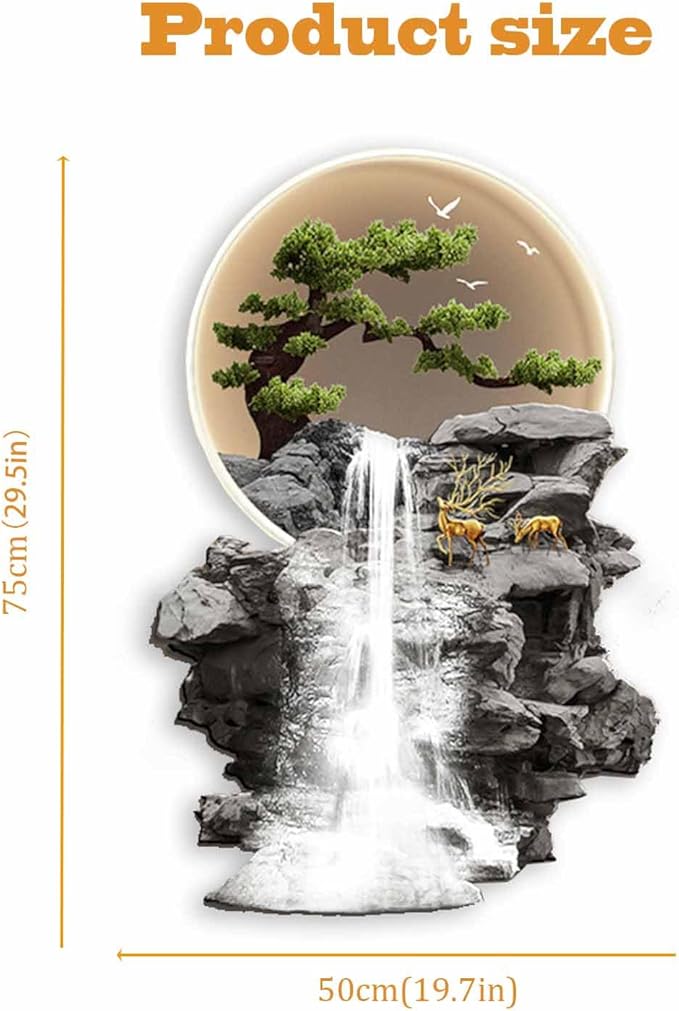 YFQHRXYS 3D Oriental Waterfall Wall Art with LED Light,Oriental Welcoming Pine Landscape for Living Room Office Decor,Modern Art Wall Decor Sculptures, Plug-in Power Supply, Remote Control（50 * 75cm）