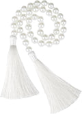 34 Inch Pearl Glass Bead Garland with Tassels - Elegant Boho Table Decor, Fringe Wall Hanging for Wedding, Party, Farmhouse Rustic Prayer Bead Home Decoration (White, 1 Pack)