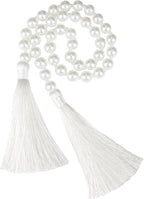 34 Inch Pearl Glass Bead Garland with Tassels - Elegant Boho Table Decor, Fringe Wall Hanging for Wedding, Party, Farmhouse Rustic Prayer Bead Home Decoration (White, 1 Pack)