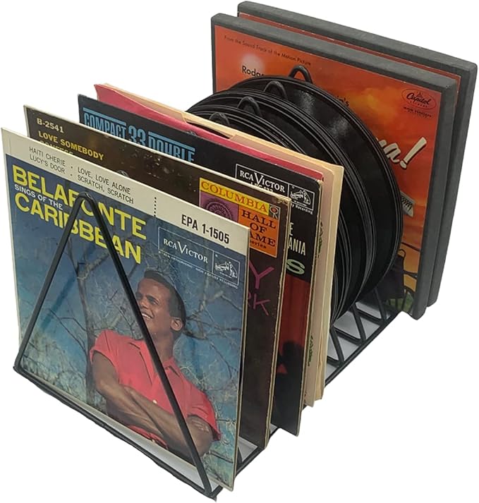 Vinyl Record Storage Holder Stand - Premium Triangle Metal Wire Magazine Rack and Book Holder holds up to 33 Lp Album Records, Functional and Contemporary Vinyl Record Rack Organizer (Black)