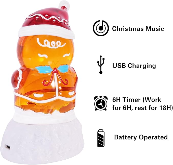 2 Pack Christmas Snow Globes Gingerbread Man and Santa with 8 Songs Music and 6H Timer USB & Battery Powered Snow Water Globe Swirling Glitter for Holiday Decorations Gifts (Gingerbread Man and Santa)