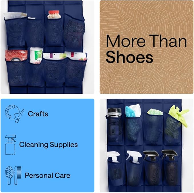 GORILLA GRIP Over the Door Shoe Organizer, 24 Large Breathable Mesh Pockets, Space Saving Hanging Storage Holder, Closet Rack Hanger Holds Up to 40 lbs, Hangs on Closets for Shoes, Accessories, Navy