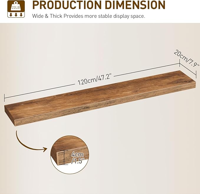 RALGEND Floating Shelves for Wall, 1.5" Thick Wall Shelf Set of 3 with Invisible Bracket, L47.2 x W7.9 Hanging Shelves Farmhouse Home Decor for Bathroom, Living Room, Bedroom, Rustic Brown 12301BJP3BF