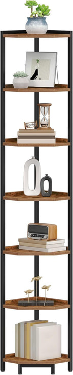 Hzuaneri Corner Shelf Stand, Corner Bookshelf, Storage Standing Shelf Unit with Metal Frame, Plant Stand, Bookcase for Living Room, Home Office, Bedroom, 7-Tier Rustic Brown CS07001B