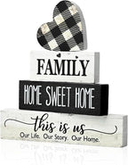 Smile 4 Pcs Family Wooden Tabletop Decor Home Sweet Home Tiered Tray Decoration, Rustic Retro Neutral Wood Heart-Shaped Block Sign, Suitable for Home Shelves Fireplace Mantels