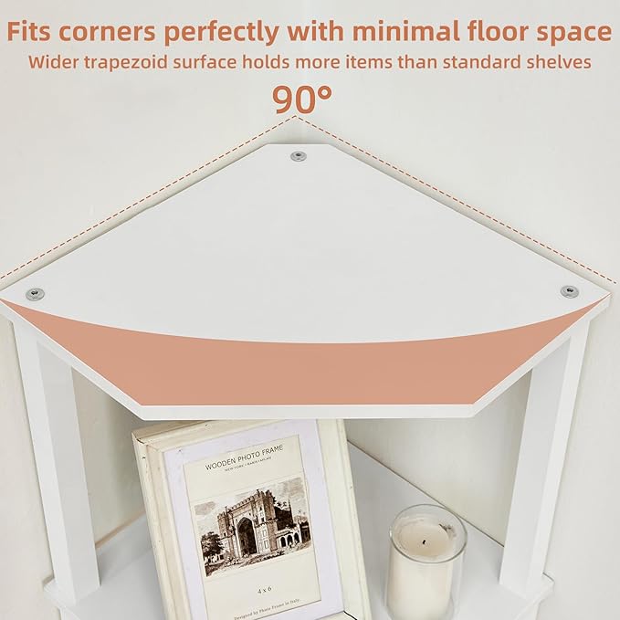 YUFAM 4-Tier Corner Shelf with Sturdy 5-Leg Base, Wooden Corner Bookshelf for Small Spaces, Corner Standing Shelf for Living Room, Bedroom, Office, White