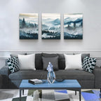 MHARTK66 Mountain Landscape Wall Art for Living Room, Large Foggy Forest Watercolor Artwork for Walls, 3 Piece Nature Mountain Forest Paintings Prints for Hallway Office Kitchen Wall Decor, 16x24 Inch