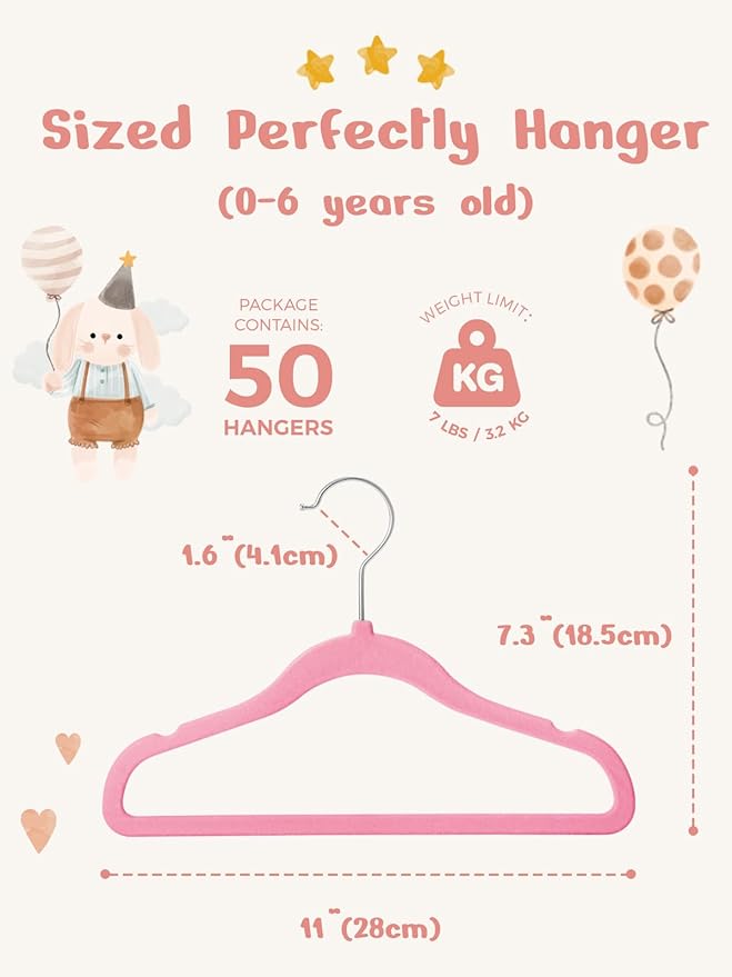 HOUSE DAY 11 Inch Velvet Baby Hangers 50 Pack Lt-Pink, Premium Kids Hangers for Children, Infant & Toddler Clothes, Durable Non Slip Small Baby Felt Hanger for Closet, Ideal for Everyday Use