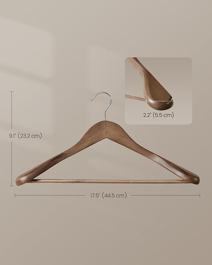 SONGMICS Extra Wide Wooden Suit Hangers, Set of 10 Clothes Hangers, Swivel Hooks, Non-Slip Bars, for Outfits, Suits, Coats, Shirts, Dresses, Walnut Color UCRW050KZ01