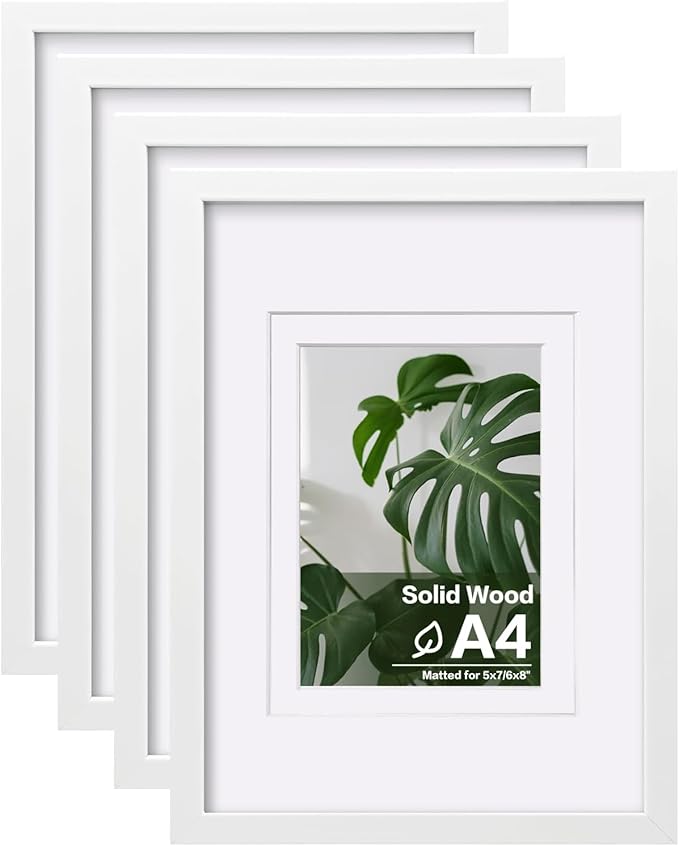 Egofine A4 Picture Frames Set of 4, Made of Solid Wood Covered by Plexiglass 5x7 and 6x8 with Mat or A4 whitout Mat, for Table Top Display and Wall Mounting Photo Frame White