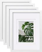 Egofine A4 Picture Frames Set of 4, Made of Solid Wood Covered by Plexiglass 5x7 and 6x8 with Mat or A4 whitout Mat, for Table Top Display and Wall Mounting Photo Frame White